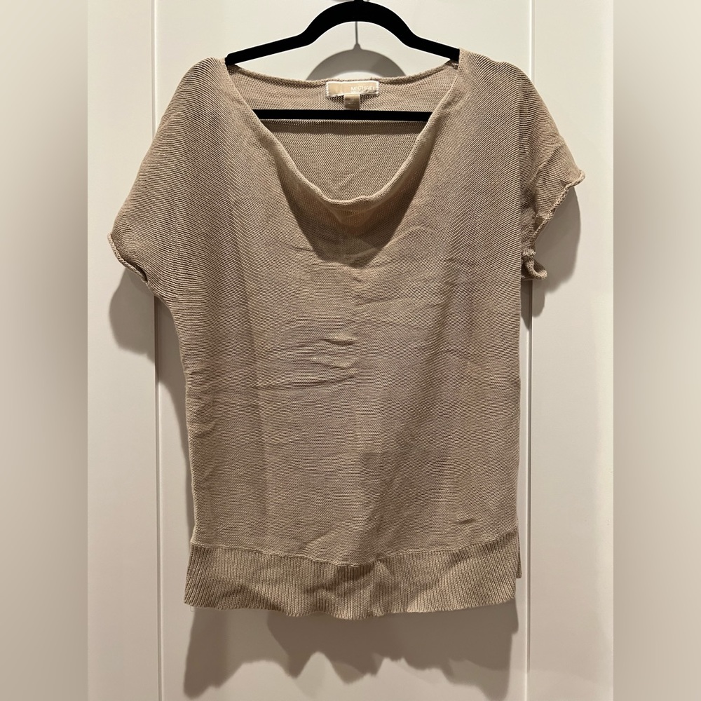 Michael Michael Kors Cap Sleeve Tan Sweater Leather Shoulder Detail Size M